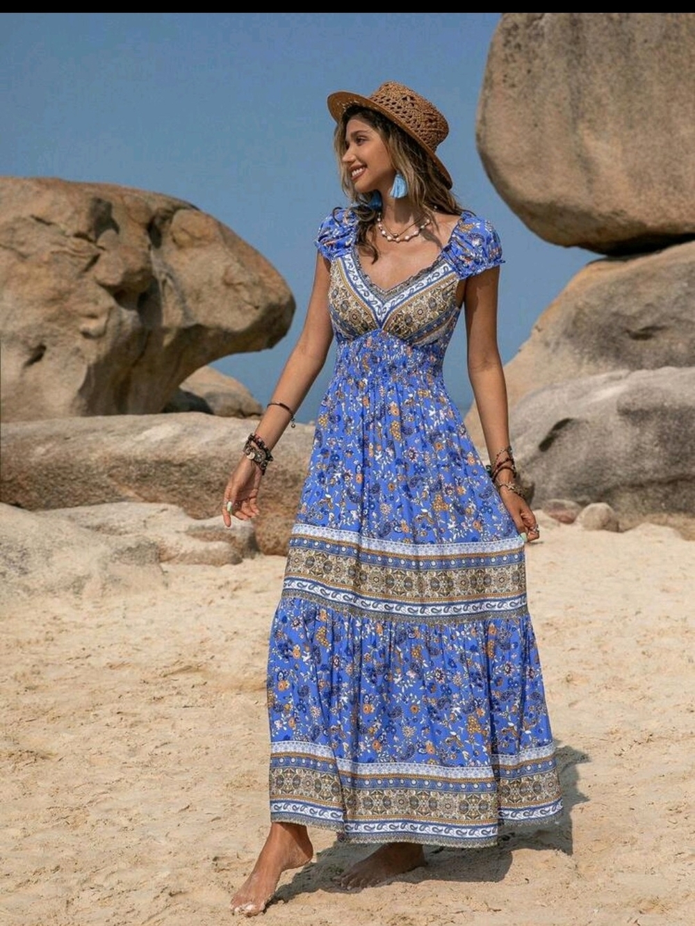 Bohemian V-Neck Blue Floral Maxi Dress - Women